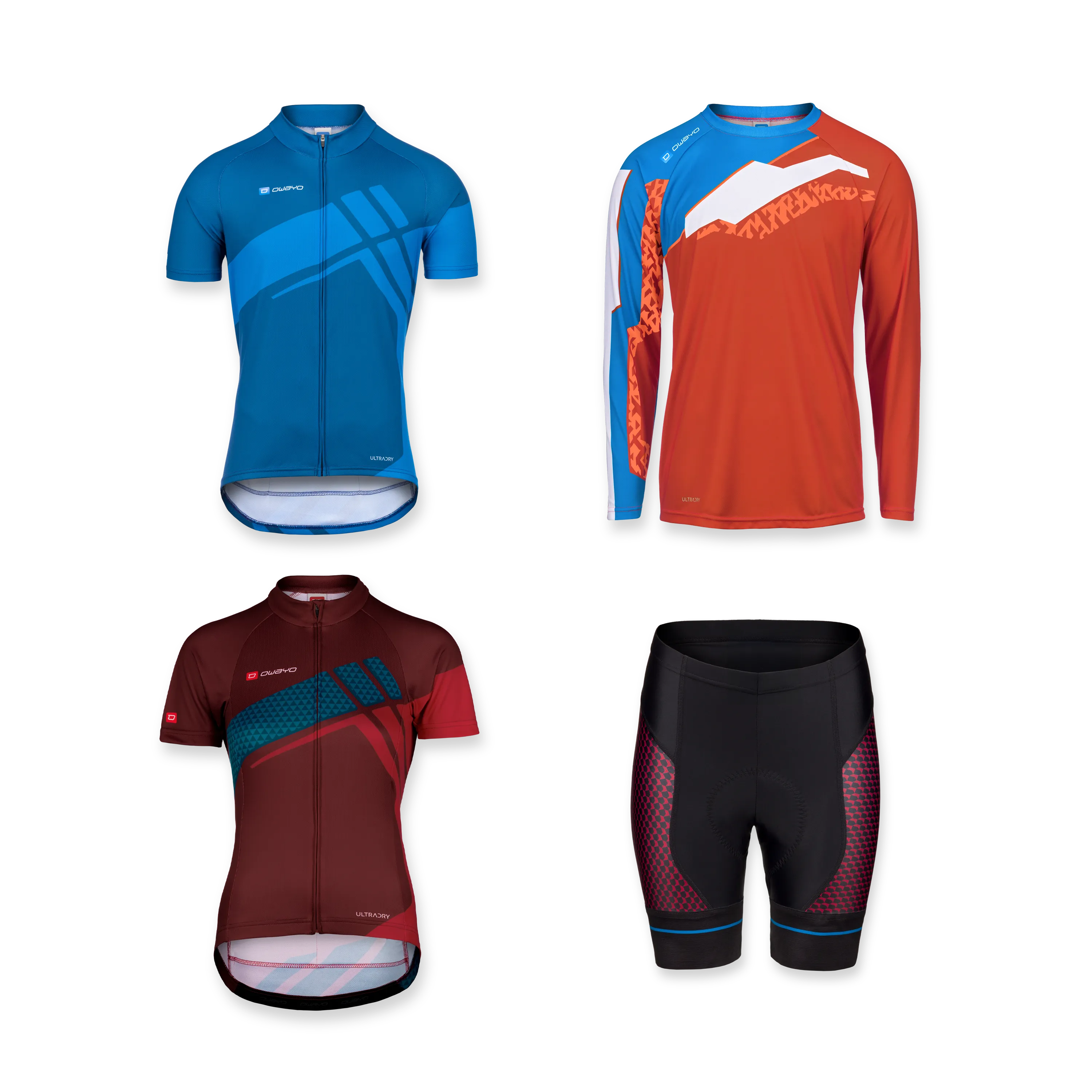 All products Four different sportswear items, including a blue short-sleeve jersey, a red long-sleeve jersey, a burgundy short-sleeve jersey, and black cycling shorts.